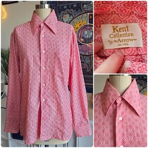 Vintage 70s Arrow Kent Collection Red Medallion Jacquard Buttondown Shirt 14